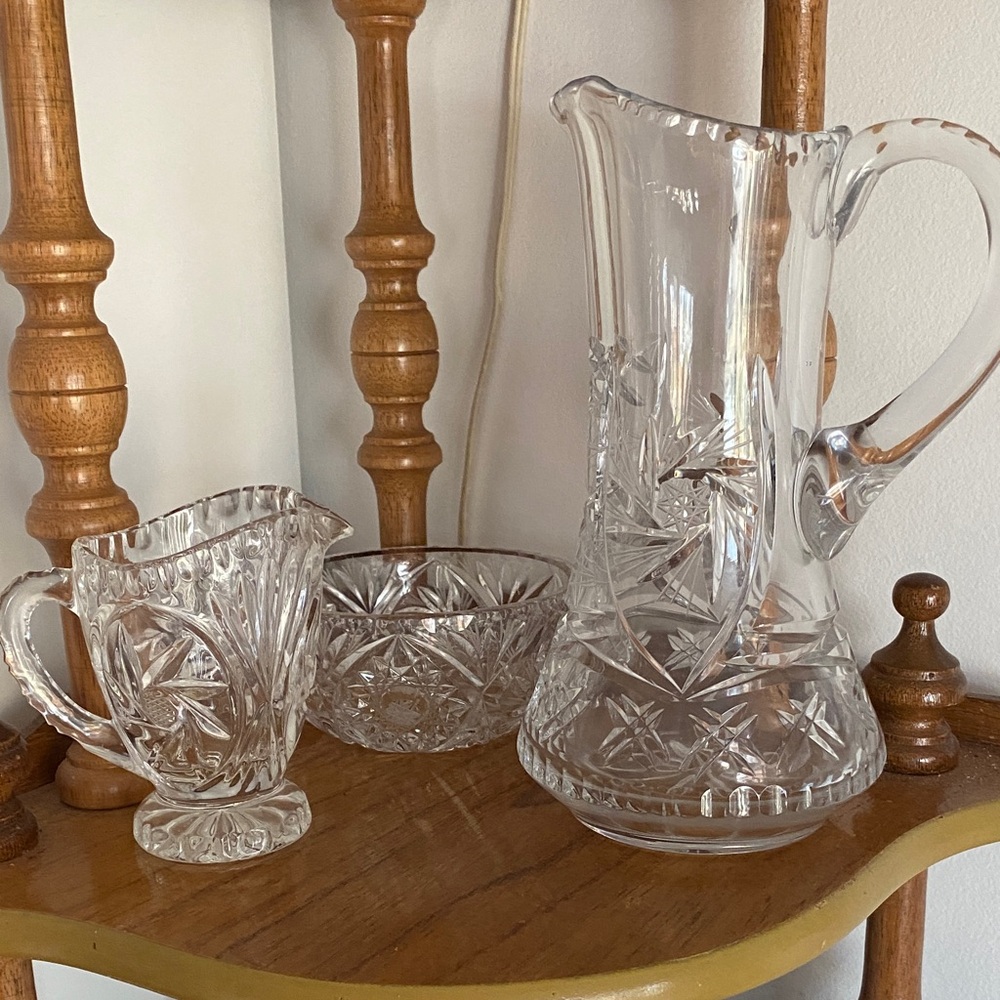 Elegant Pinwheel Crystal Pitcher, Small Pitcher and Bowl Set